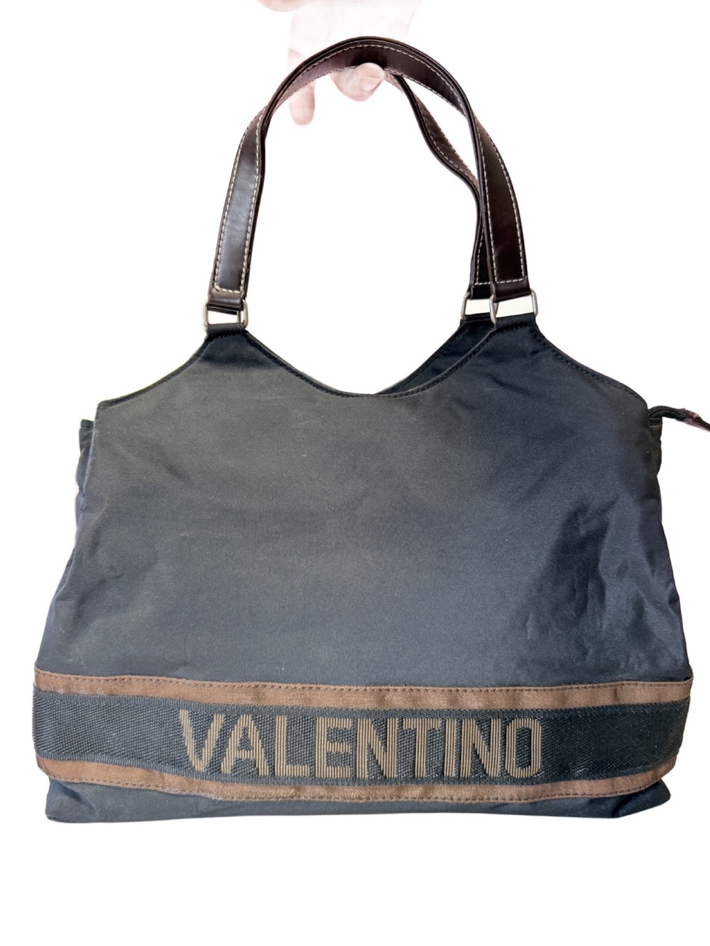 Valentino Rossa Black Nylon Triple Compartment Shoulder Tote Bag Brown Handles